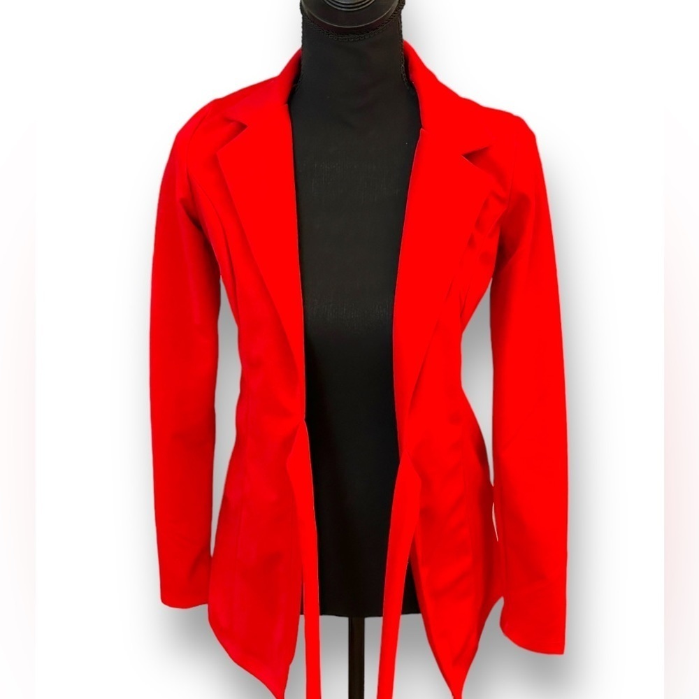 PinkBlush Red Tie Waist Blazer Open Front Stretch Workwear Jacket Small - Picture 3 of 7